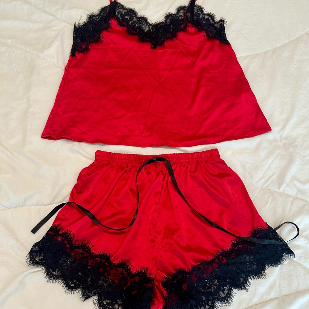Red and Black Lace Trim Sleepwear Set